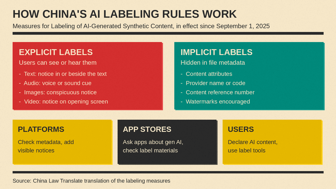 Diagram of China's AI labeling measures, in effect since September 1, 2025: explicit labels that users can see or hear, and implicit labels hidden in file metadata