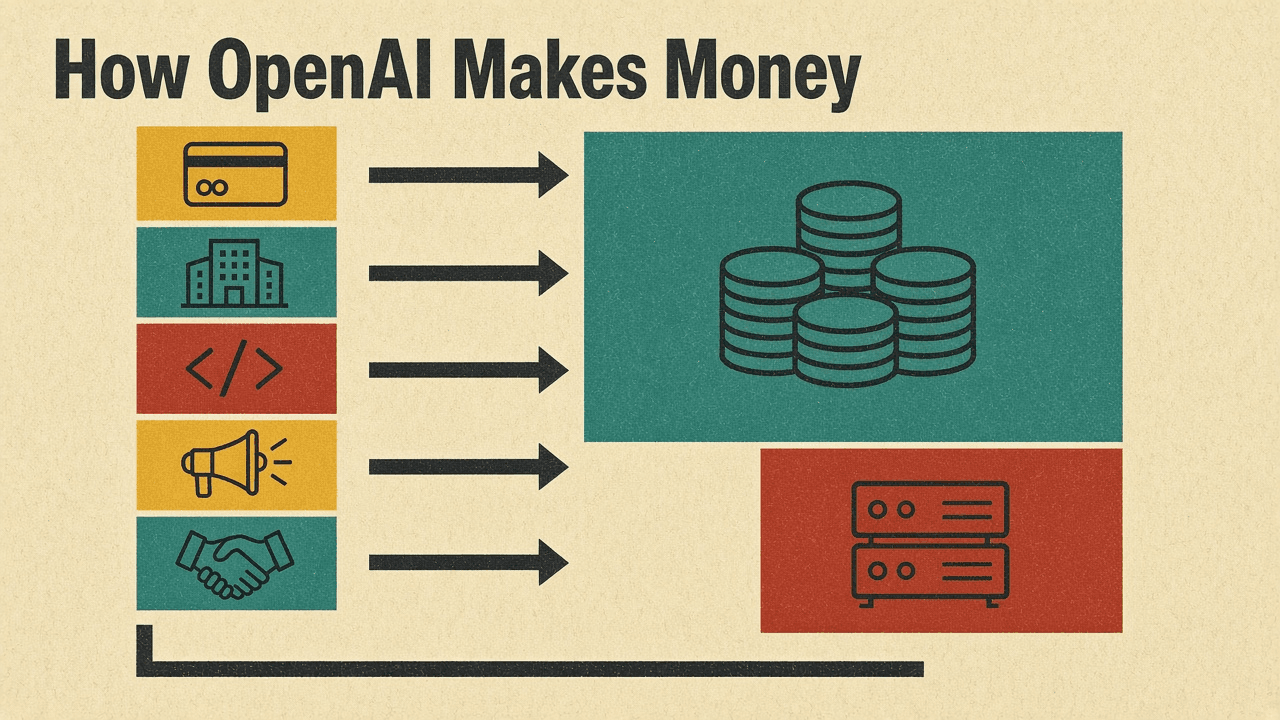 Olivetti-style poster reading How OpenAI Makes Money, with flat color blocks and simple icons for subscriptions, ads and compute