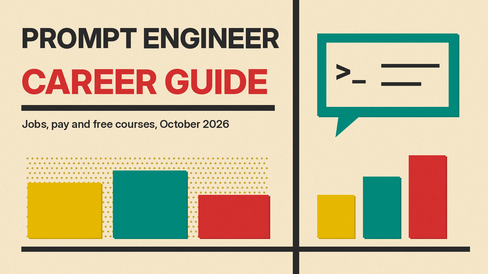 Olivetti-style cover reading PROMPT ENGINEER CAREER GUIDE on cream paper, with a teal chat prompt icon and rising mustard, teal and red blocks.