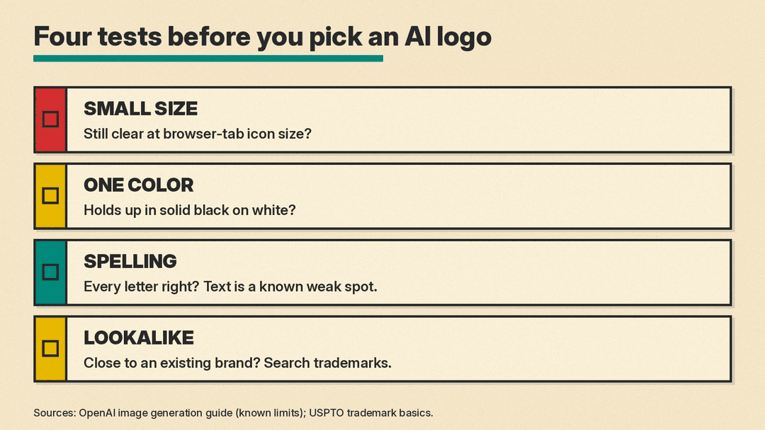 A checklist panel showing four tests for an AI logo: small size, one color, spelling, and looks like someone else