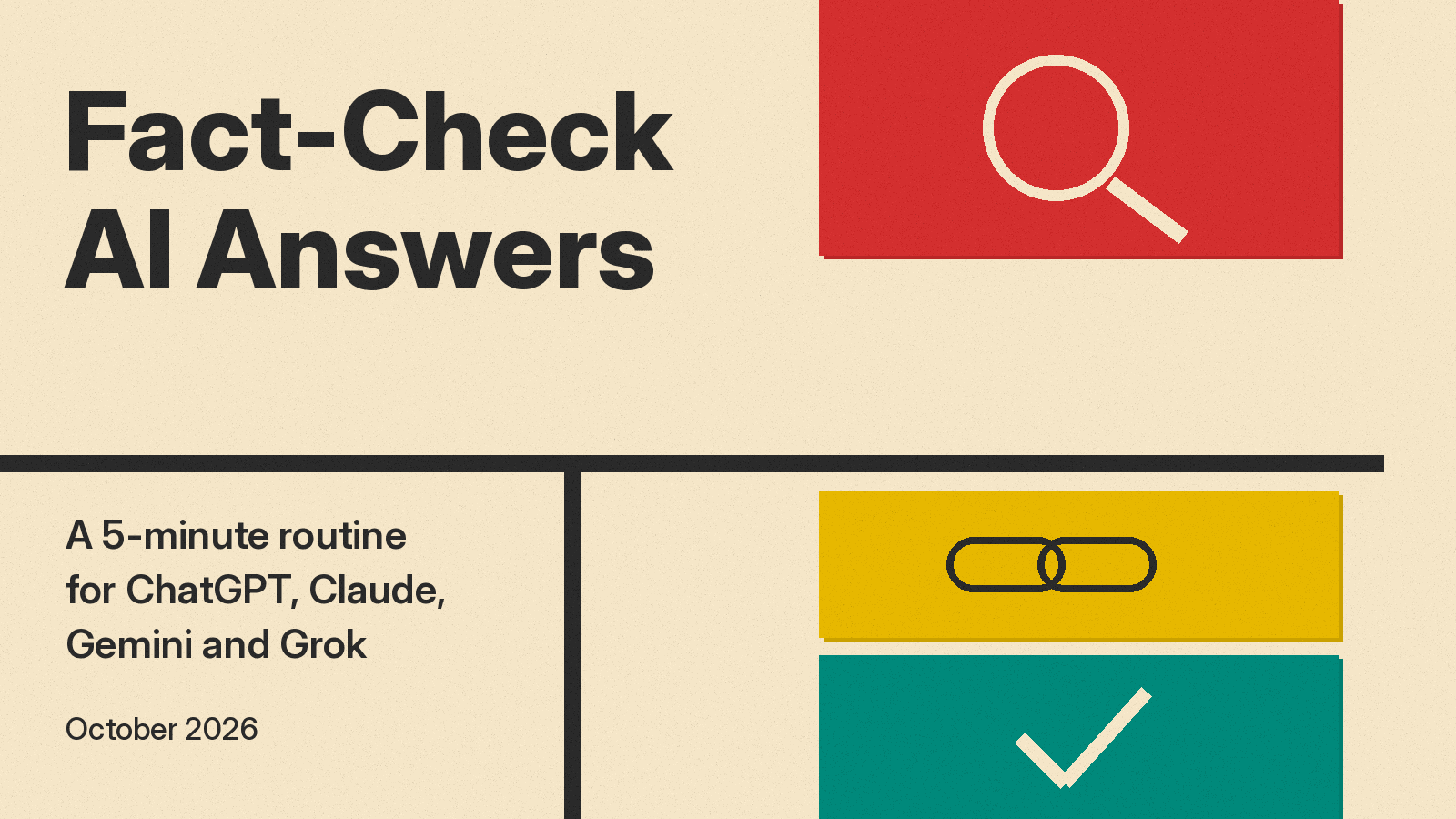 Olivetti-style cover: Fact-Check AI Answers title on cream paper with red, mustard and teal blocks showing a magnifying glass, a chain link and a check mark