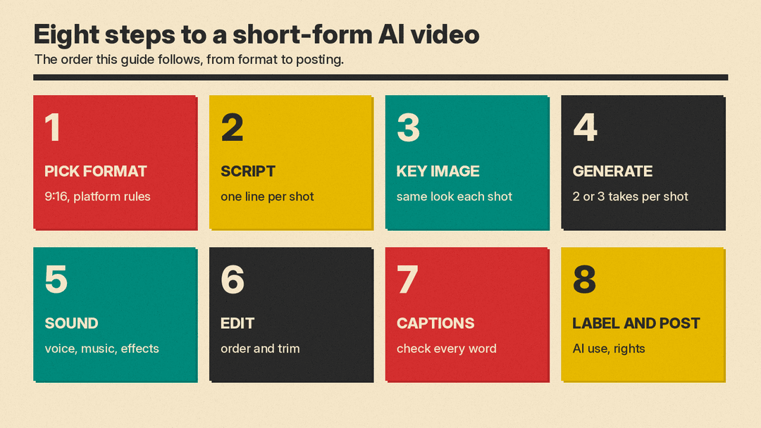 Diagram of the eight steps to make a short-form AI video: pick format, script, key image, generate, sound, edit, captions, label and post