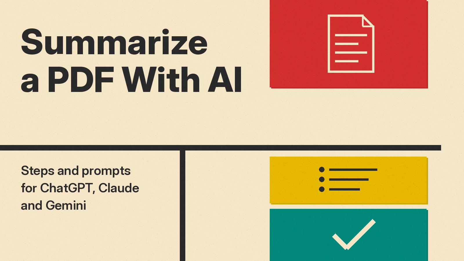 Olivetti-style cover: Summarize a PDF With AI title on cream paper beside red, mustard and teal blocks showing a document page, a summary list and a check mark