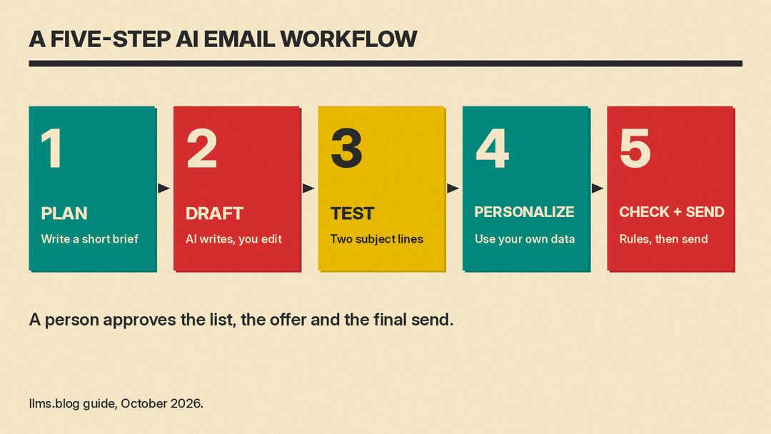 Five-step AI email marketing workflow: plan, draft, test, personalize, check and send
