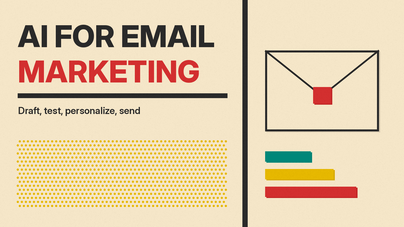 Olivetti-style cover reading AI for Email Marketing, with a charcoal envelope icon and red, mustard and teal blocks on cream paper
