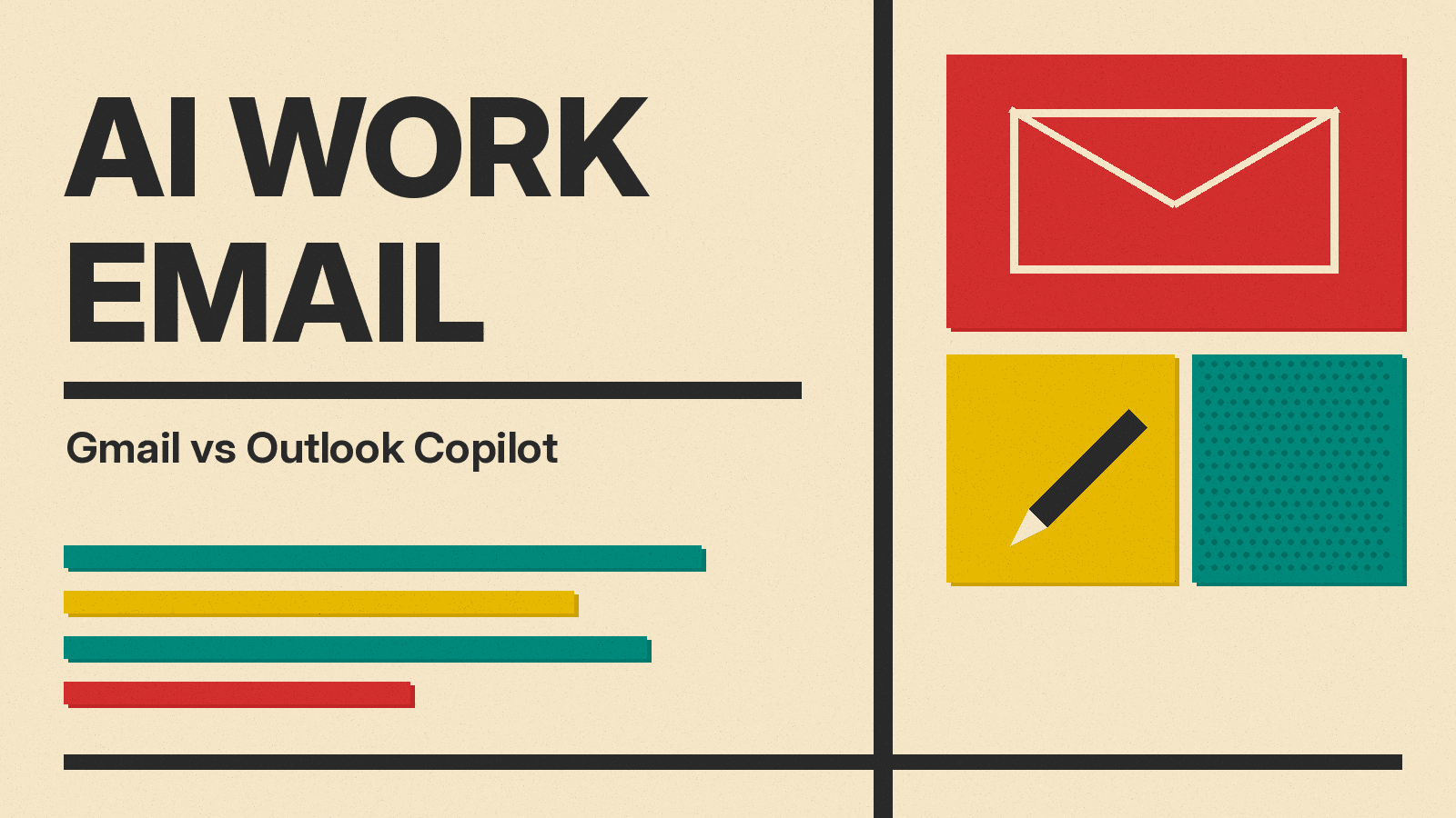 Olivetti-style cover reading AI WORK EMAIL, GMAIL VS OUTLOOK COPILOT, with an envelope icon, a pen and red, mustard and teal blocks on cream paper