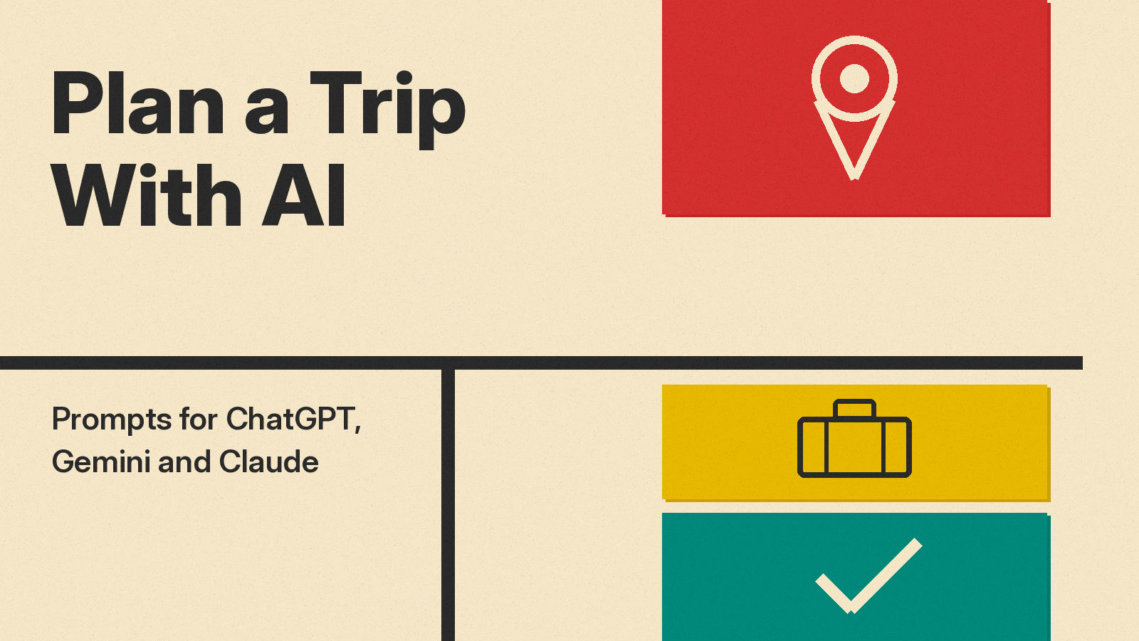 Olivetti-style cover: Plan a Trip With AI title on cream paper beside red, mustard and teal blocks showing a map pin, a suitcase and a check mark