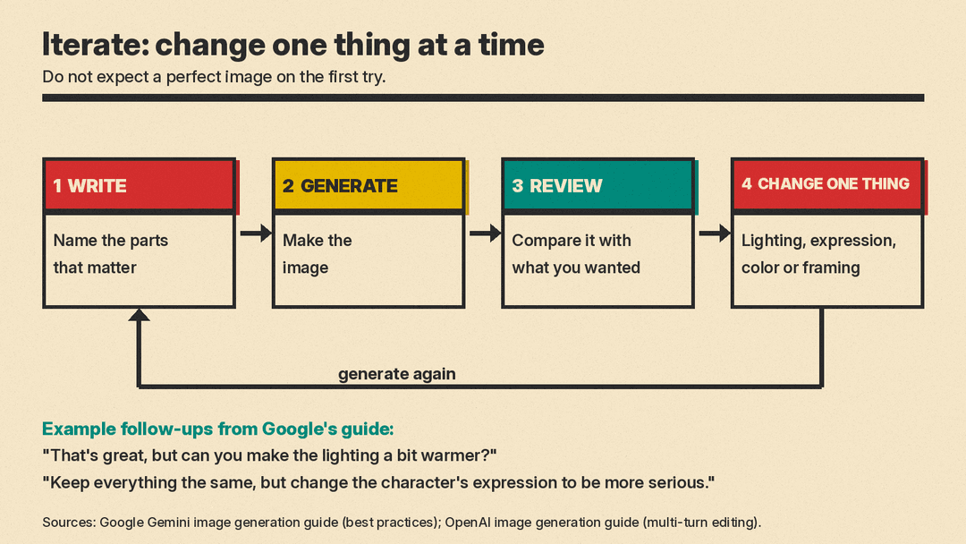 Diagram of the prompt loop: write, generate, review, change one thing, then generate again