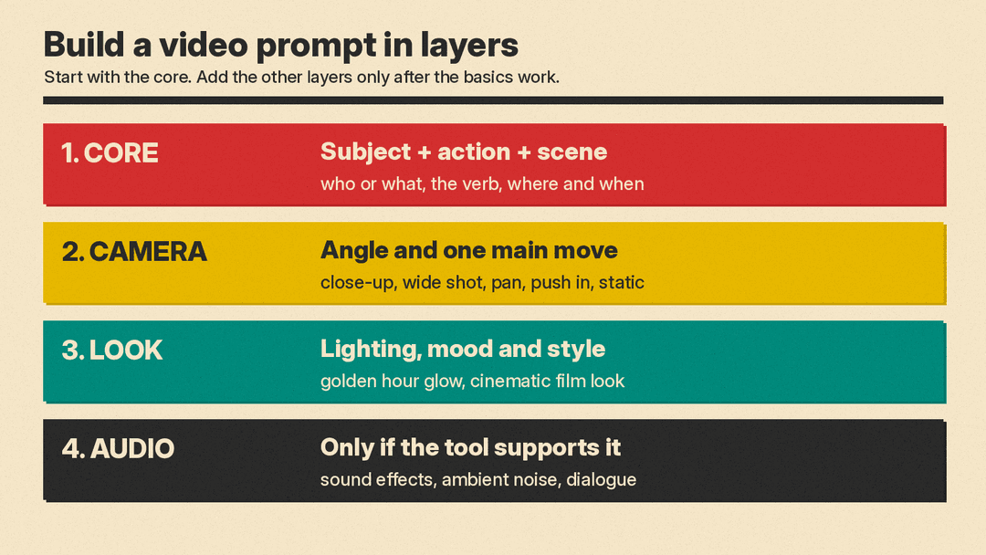 Diagram of the prompt building blocks: subject, action and scene first, then camera, lighting and style, then audio for tools that support it