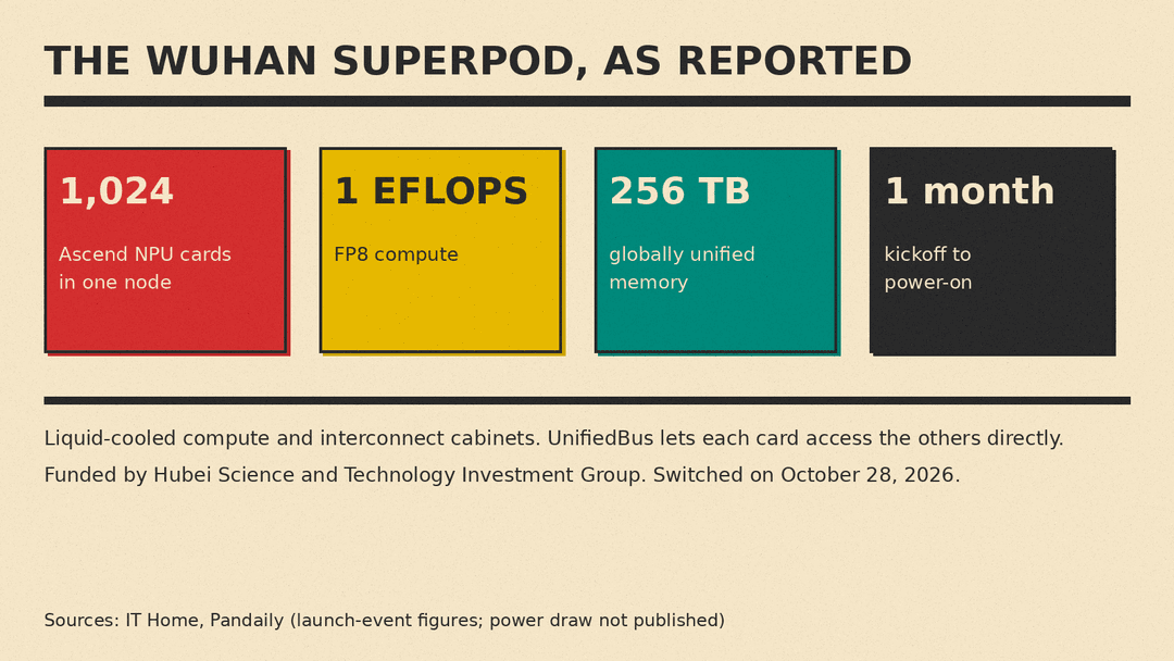 Key figures for the Wuhan Ascend 950DT SuperPoD: 1,024 NPU cards, 1 EFLOPS FP8, 256TB unified memory, one month to power-on