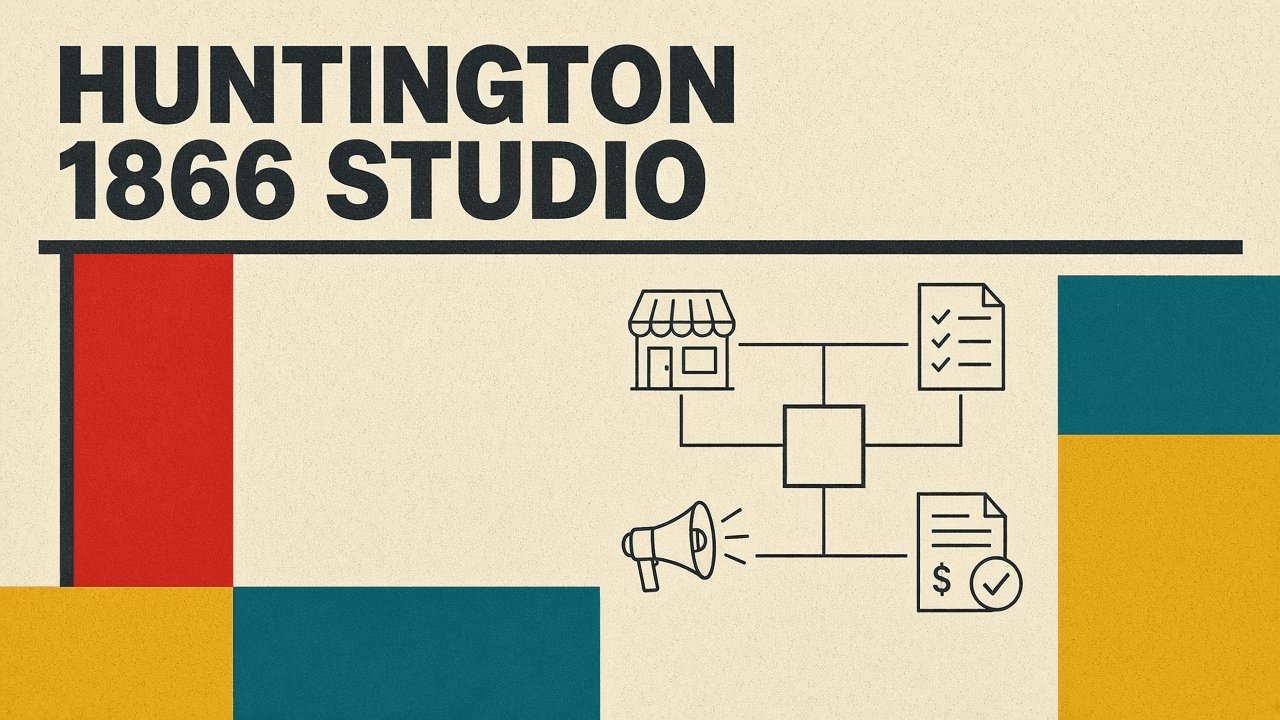 Olivetti-style cover reading HUNTINGTON 1866 STUDIO with flat red, mustard and teal blocks and simple storefront and document icons