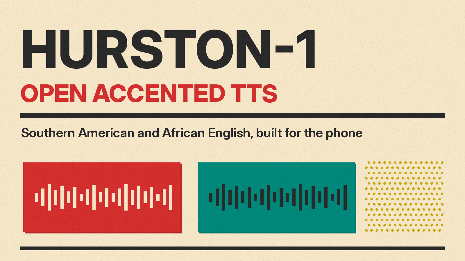 Olivetti-style cover reading Hurston-1, open text-to-speech for Southern and African English accents, with red and teal sound wave blocks on cream paper