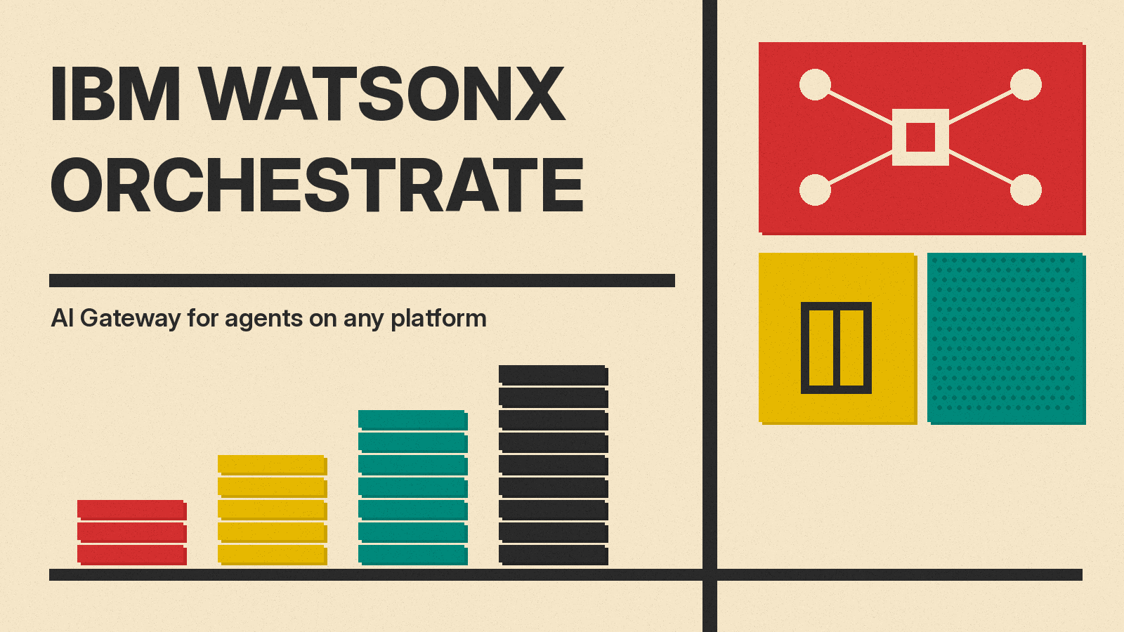 Olivetti-style cover reading IBM watsonx Orchestrate with red, mustard and teal blocks and line icons of a gateway and connected agent nodes