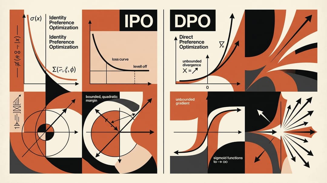 Mathematical comparison of policy optimization dynamics and loss margins in DPO and IPO