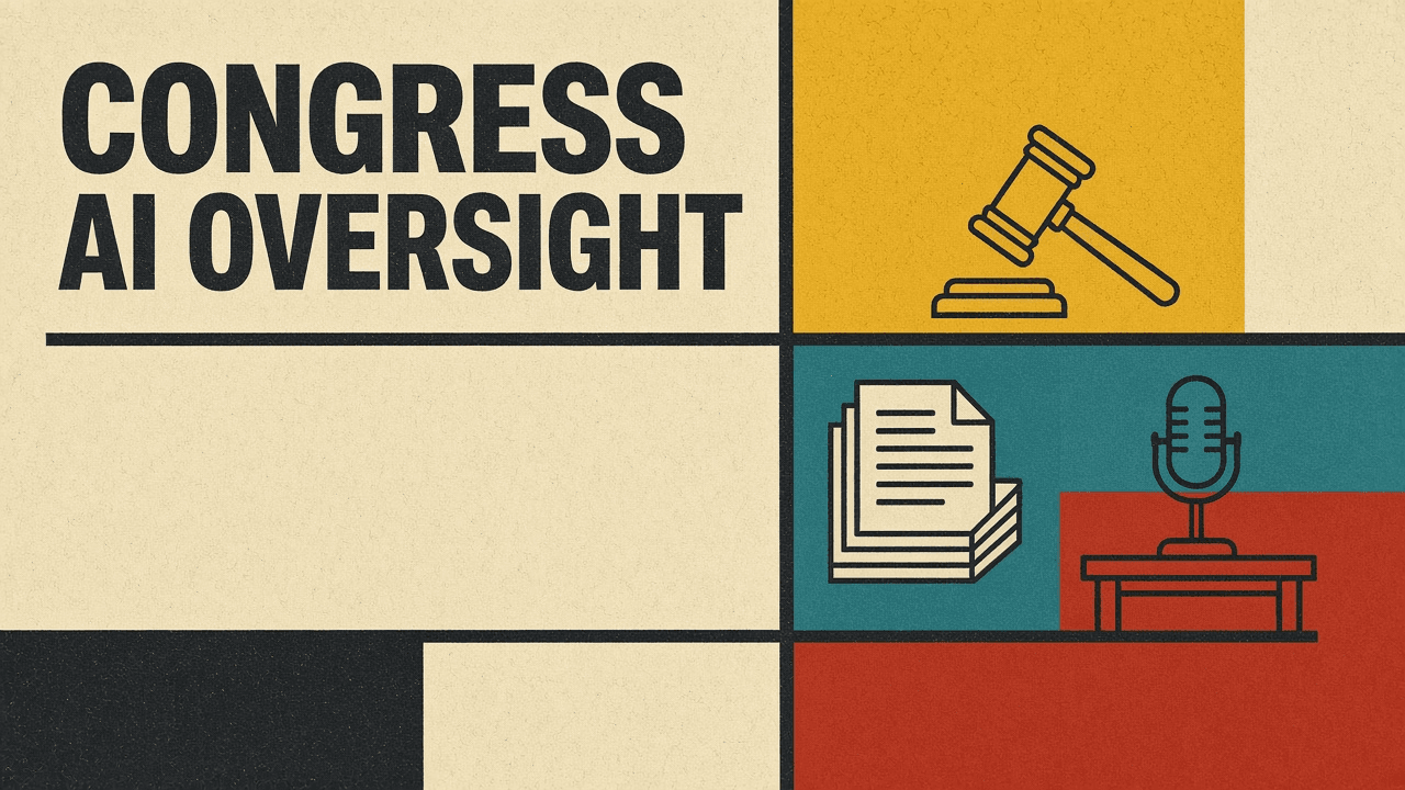 Congress AI oversight cover: a gavel, a stack of documents and a hearing microphone on a witness table