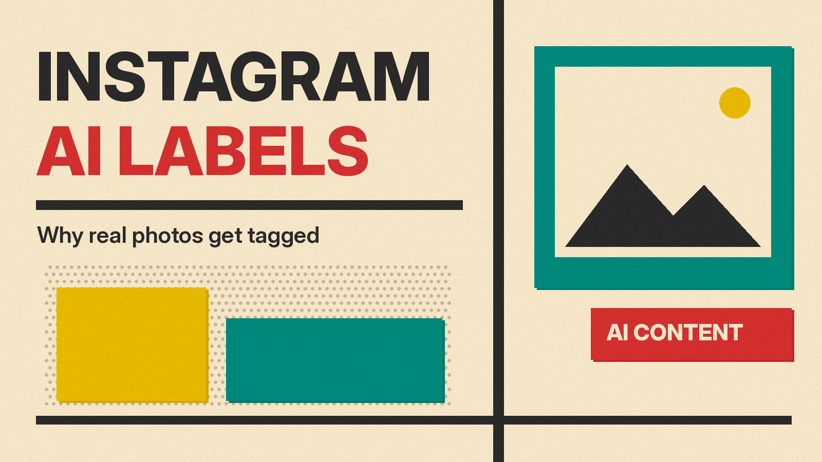Olivetti-style illustration with the words Instagram AI Labels, a framed photo icon and a red tag reading AI content