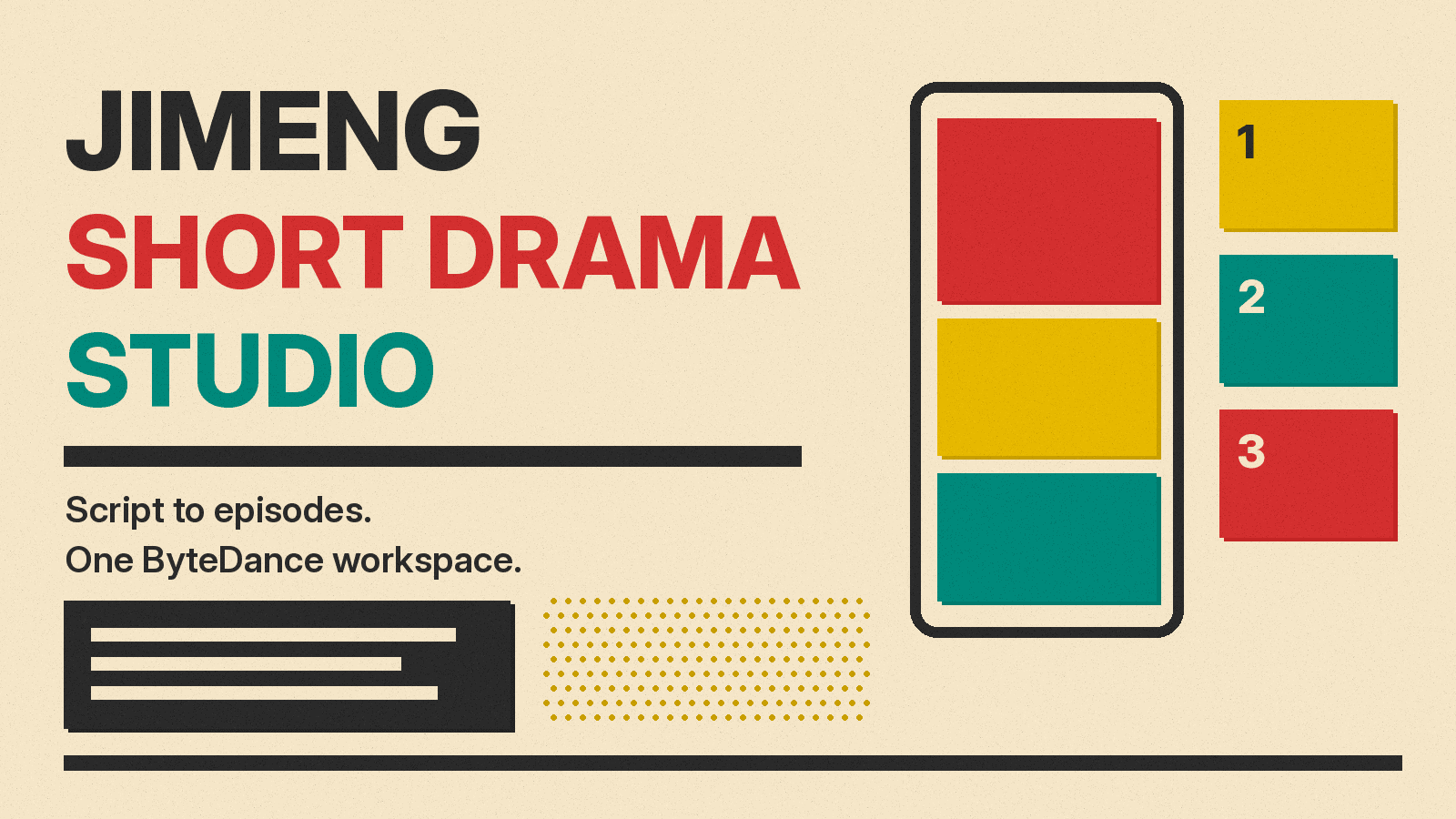 Olivetti-style poster reading Jimeng Short Drama Studio, with a vertical phone frame, storyboard panels and a script page on cream paper