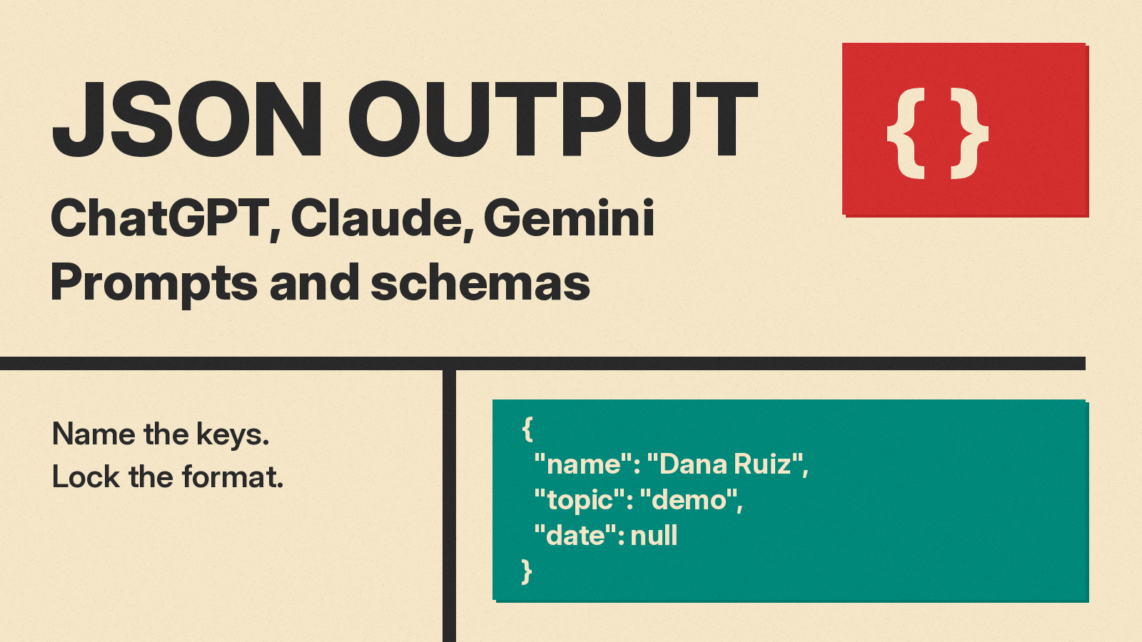Olivetti-style cover reading JSON Output, ChatGPT, Claude, Gemini, Prompts and schemas, with a sample JSON object on a teal block and curly braces on red