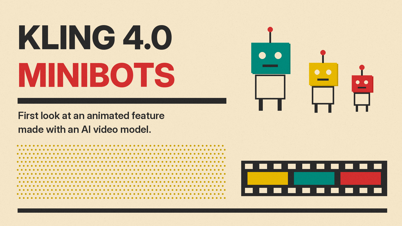 Olivetti-style cover reading Kling 4.0 Minibots, with small line-drawn robots and a film strip on cream paper