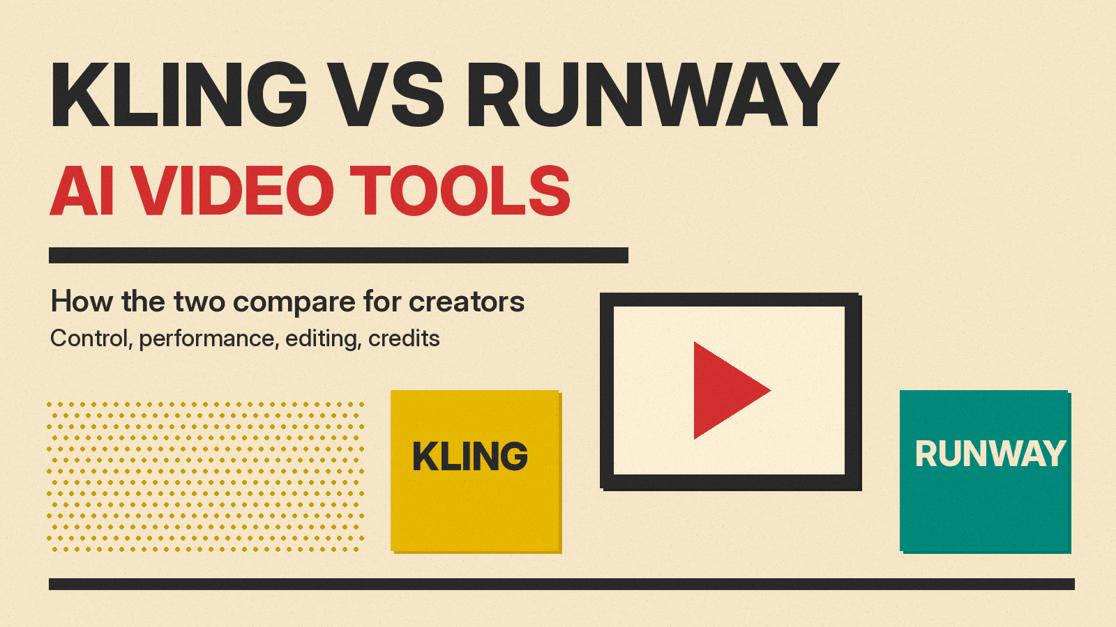 Olivetti-style poster reading Kling vs Runway, AI Video Tools, with a mustard Kling block, a teal Runway block and a video screen on cream paper