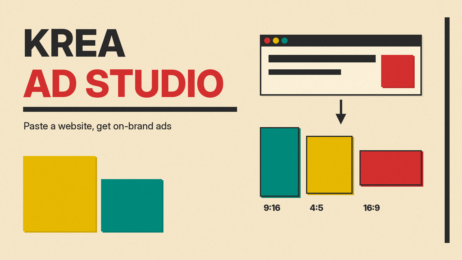 Olivetti-style cover reading KREA AD STUDIO, with a flat browser window above three ad tiles labeled 9:16, 4:5 and 16:9