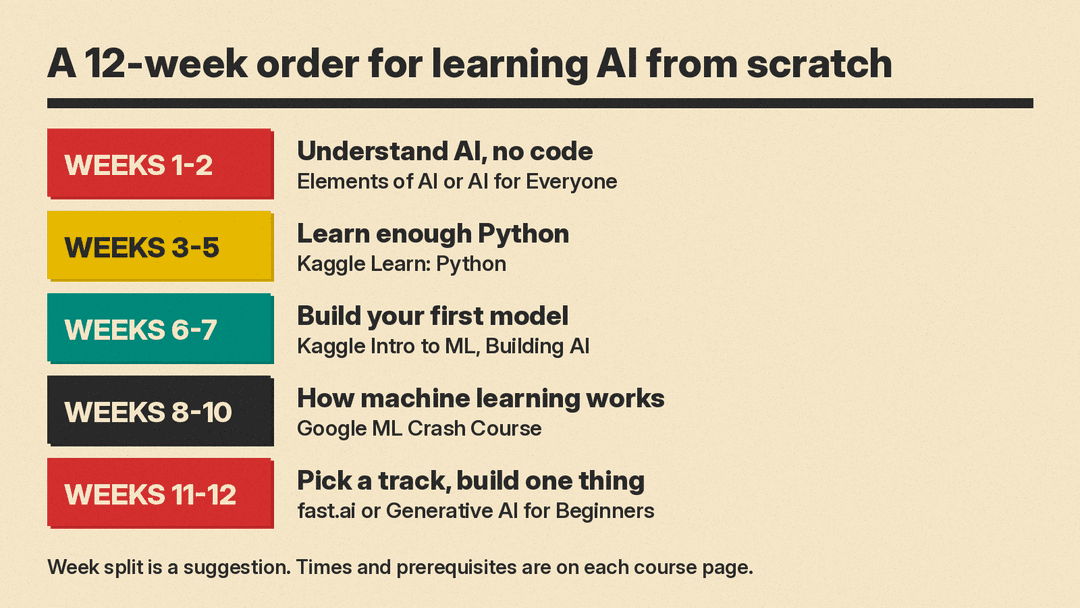 The 12-week plan in five stages: weeks 1 and 2 no-code basics, 3 to 5 Python, 6 and 7 a first model, 8 to 10 Google's ML Crash Course, 11 and 12 one track and a project