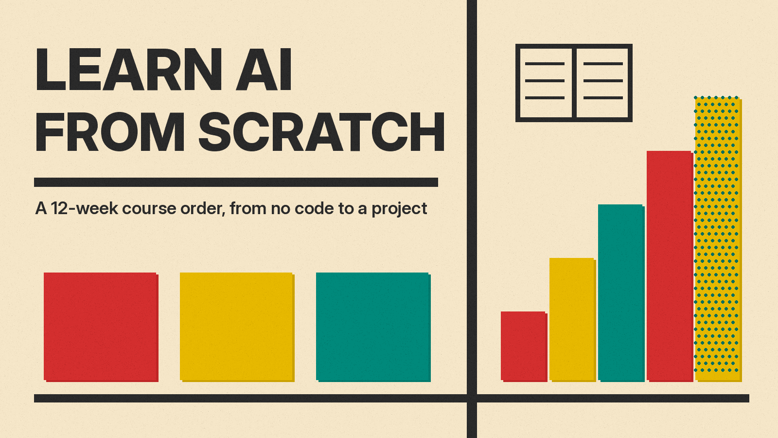 Olivetti-style cover reading LEARN AI FROM SCRATCH on cream paper, with a five-step stair of red, mustard and teal blocks and a book icon.