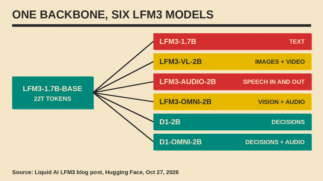 Diagram of the LFM3-1.7B-Base model branching into six LFM3 models: text, vision, audio, omni and two decision models