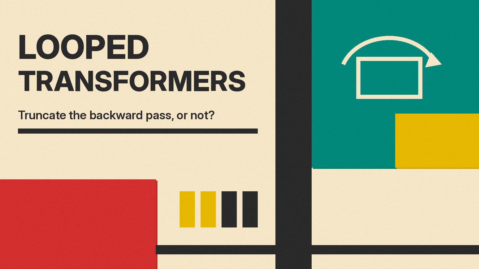 Olivetti-style poster reading Looped Transformers, with a loop arrow over a block and four bars, two mustard and two charcoal, on cream paper