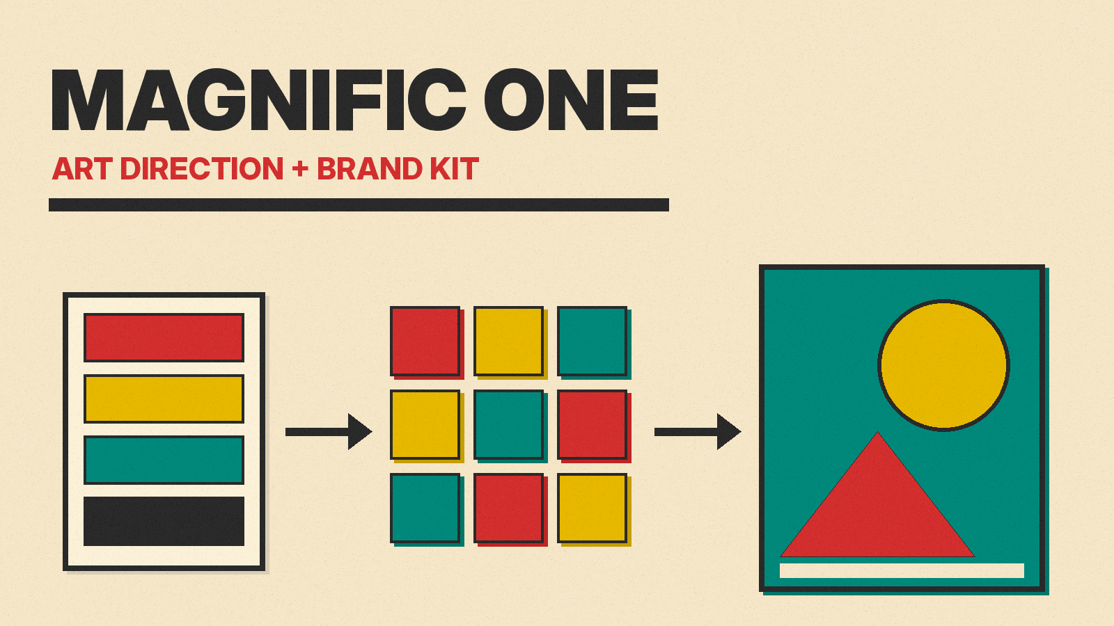 Olivetti-style cover reading MAGNIFIC ONE, with a brand palette card feeding a grid of draft images and one framed final image