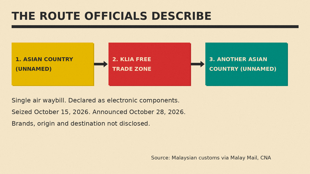 Flow chart of the route Malaysian customs described: an unnamed Asian country, the KLIA free trade zone, then another unnamed Asian country, with a single air waybill, seized October 15 and announced October 28, 2026