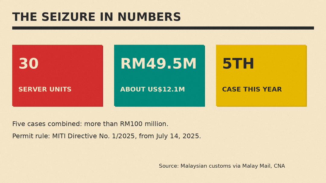 Number panel: 30 server units, RM49.5 million or about US$12.1 million, fifth case this year, five cases over RM100 million, permit rule MITI Directive No. 1/2025 from July 14, 2025