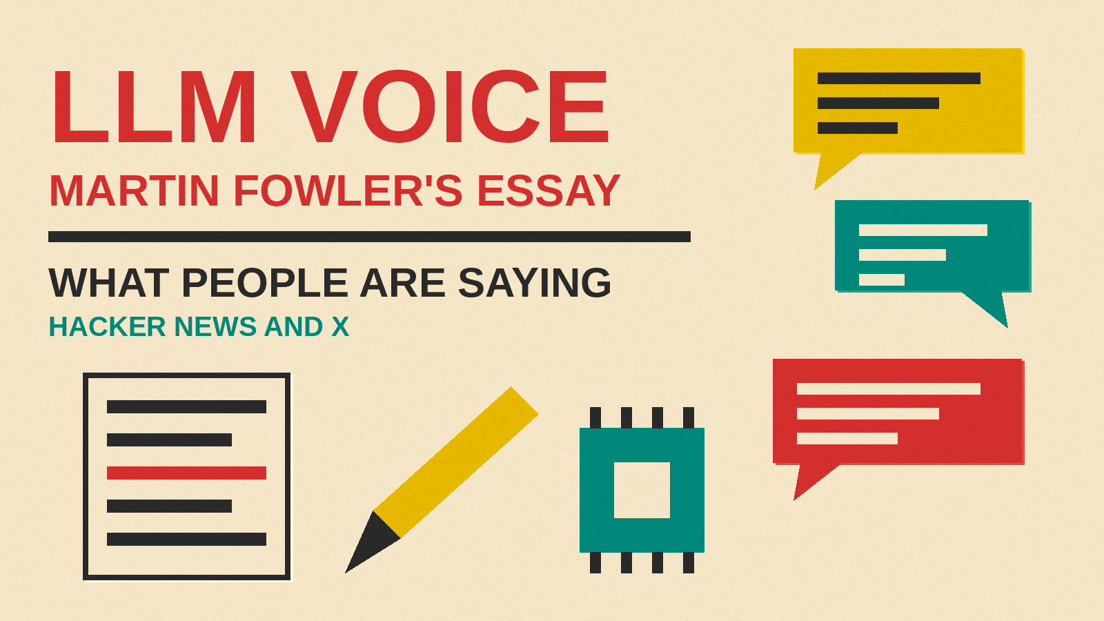 Olivetti-style cover reading LLM Voice, Martin Fowler's Essay, What People Are Saying, with a page icon, a pencil, a chip and speech bubbles