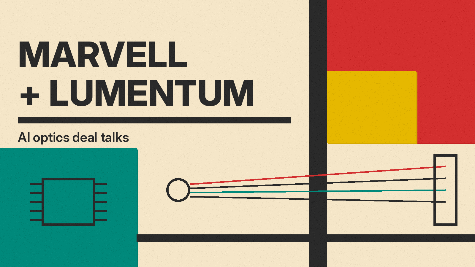 Olivetti-style cover reading Marvell plus Lumentum, AI optics deal talks, with a chip icon and laser lines in red, mustard and teal