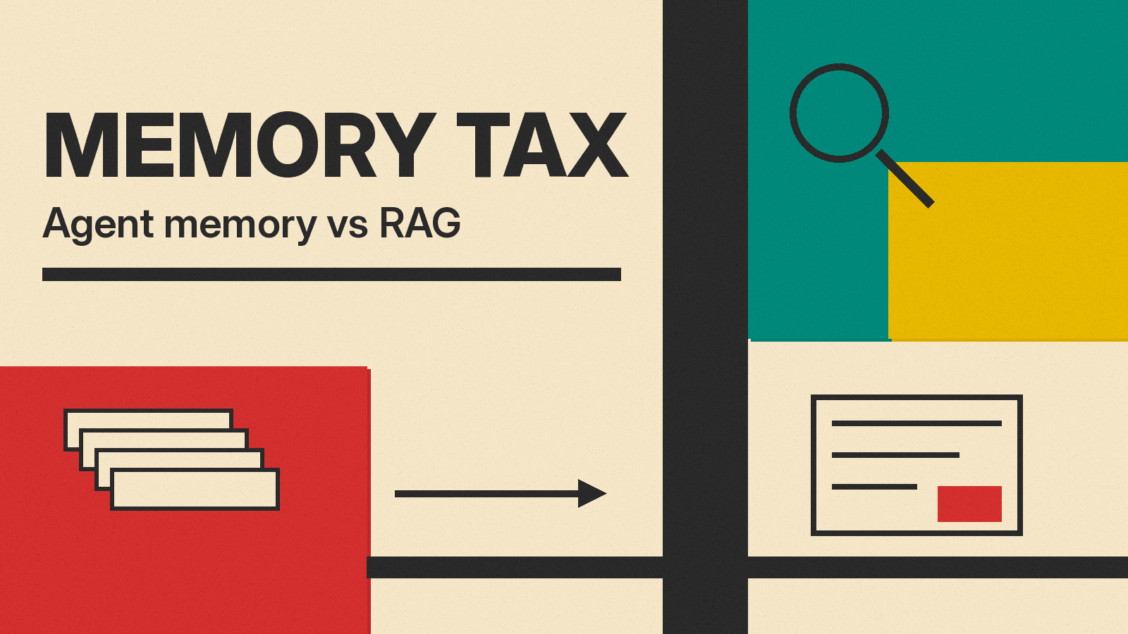 Olivetti-style poster reading Memory Tax, Agent memory vs RAG, with stacked raw history cards, an arrow to a memory note with a red missing block, and a magnifier