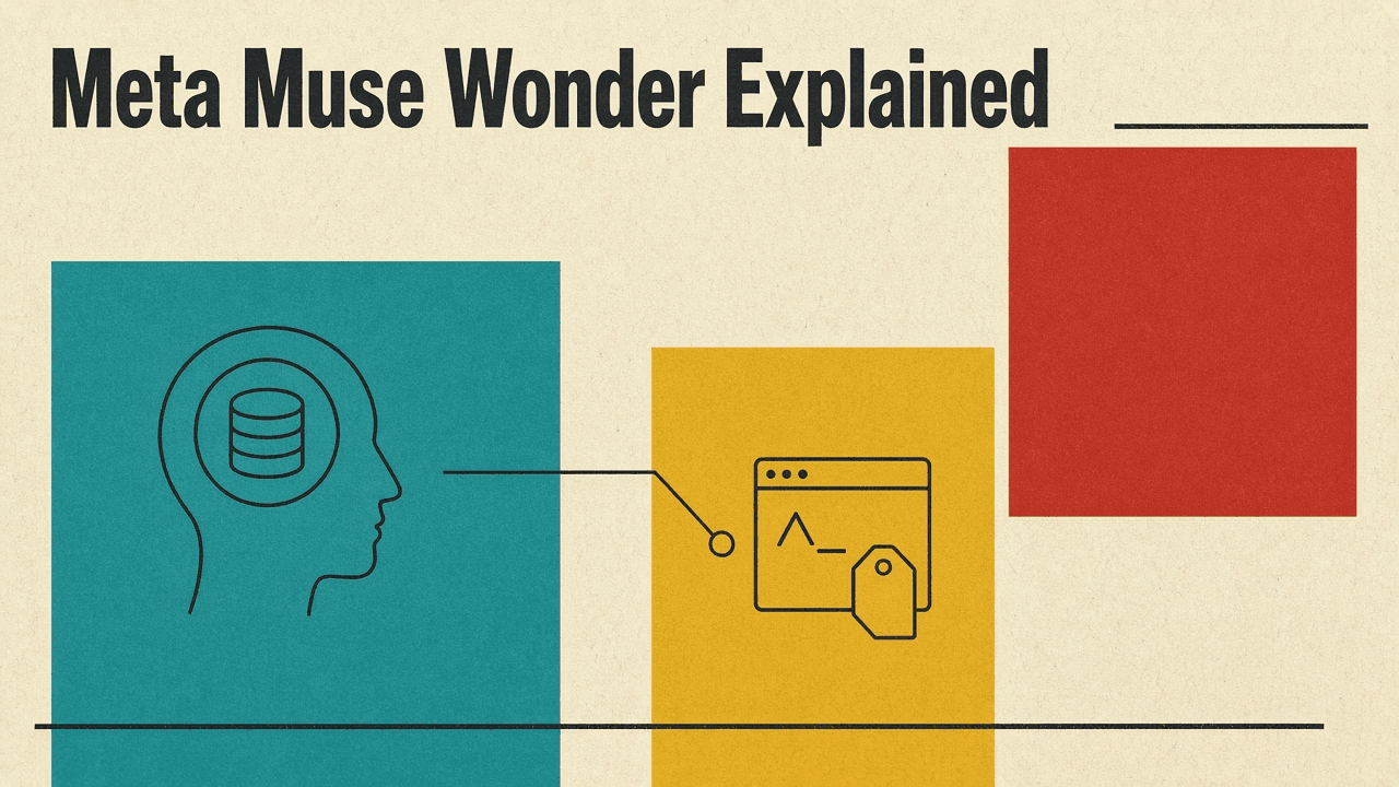 Olivetti-style poster reading Meta Muse Wonder Explained, with flat color blocks and a simple memory and agent icon