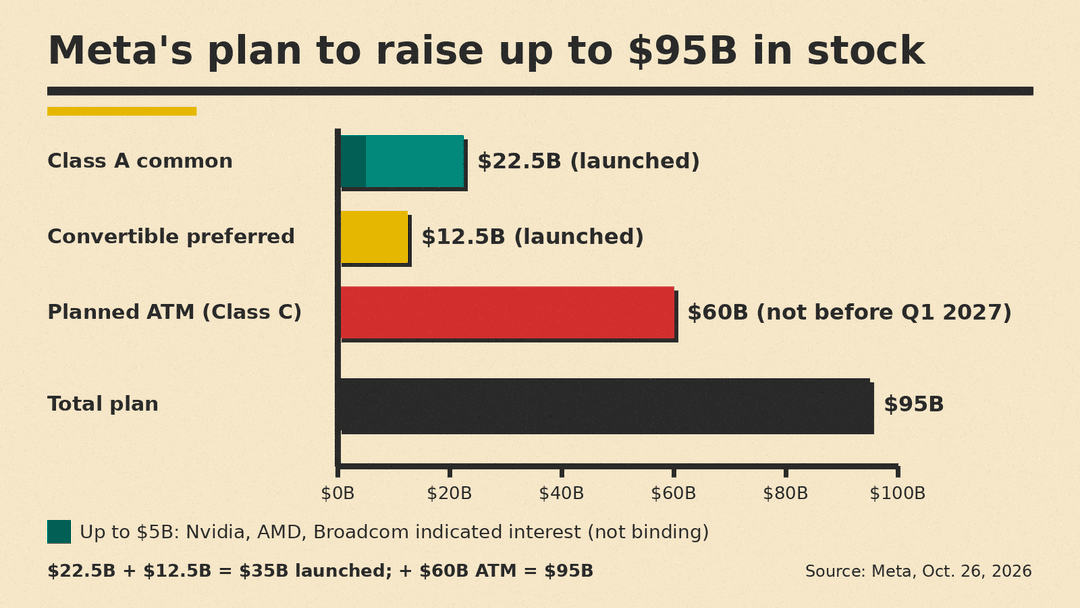 Bar chart of Meta's $95B equity plan, drawn to scale: Class A common stock $22.5B, mandatory convertible preferred $12.5B, planned ATM program $60B, total $95B; Nvidia, AMD and Broadcom indicated interest of up to $5B