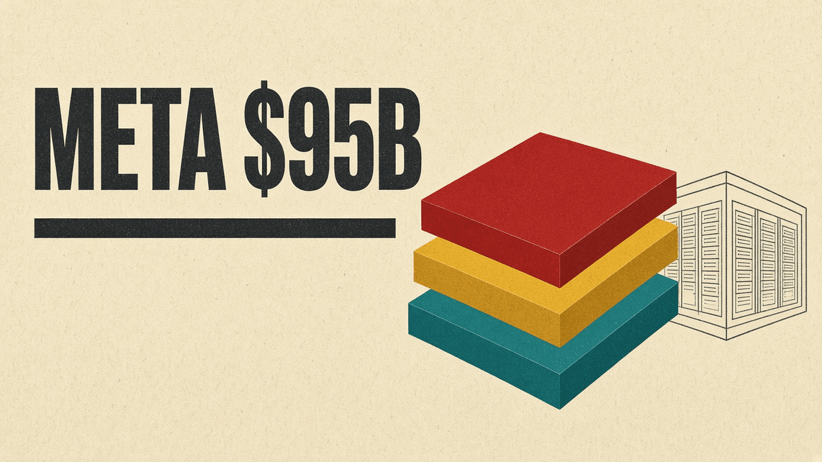 Olivetti-style poster reading META $95B with a stack of red, mustard and teal share certificates beside a simple data center outline on cream paper