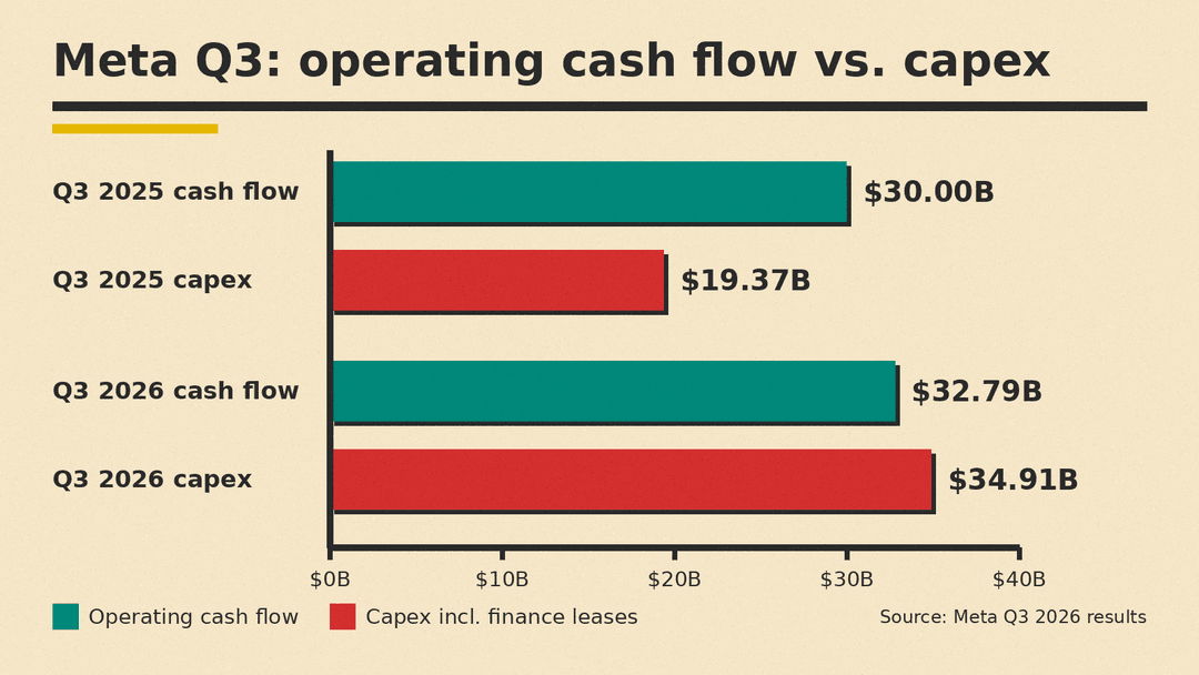Meta Q3 operating cash flow vs capital expenditures: operating cash flow $30.00B in Q3 2025 and $32.79B in Q3 2026; capex including finance leases $19.37B in Q3 2025 and $34.91B in Q3 2026