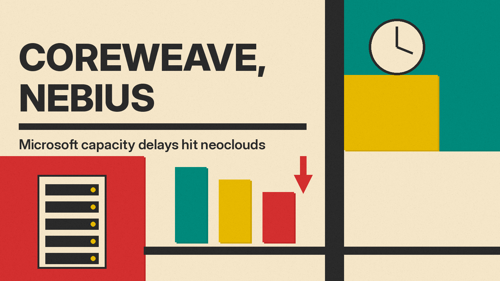 Olivetti-style cover reading CoreWeave, Nebius, with a server rack, a delivery clock and falling bars in red, mustard and teal on cream