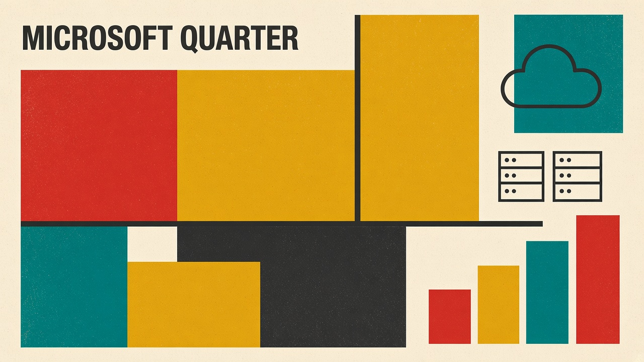Olivetti-style cover: red, mustard and teal blocks with cloud, server rack and rising bar icons on cream paper, titled MICROSOFT QUARTER, for Microsoft's Q1 FY27 results.