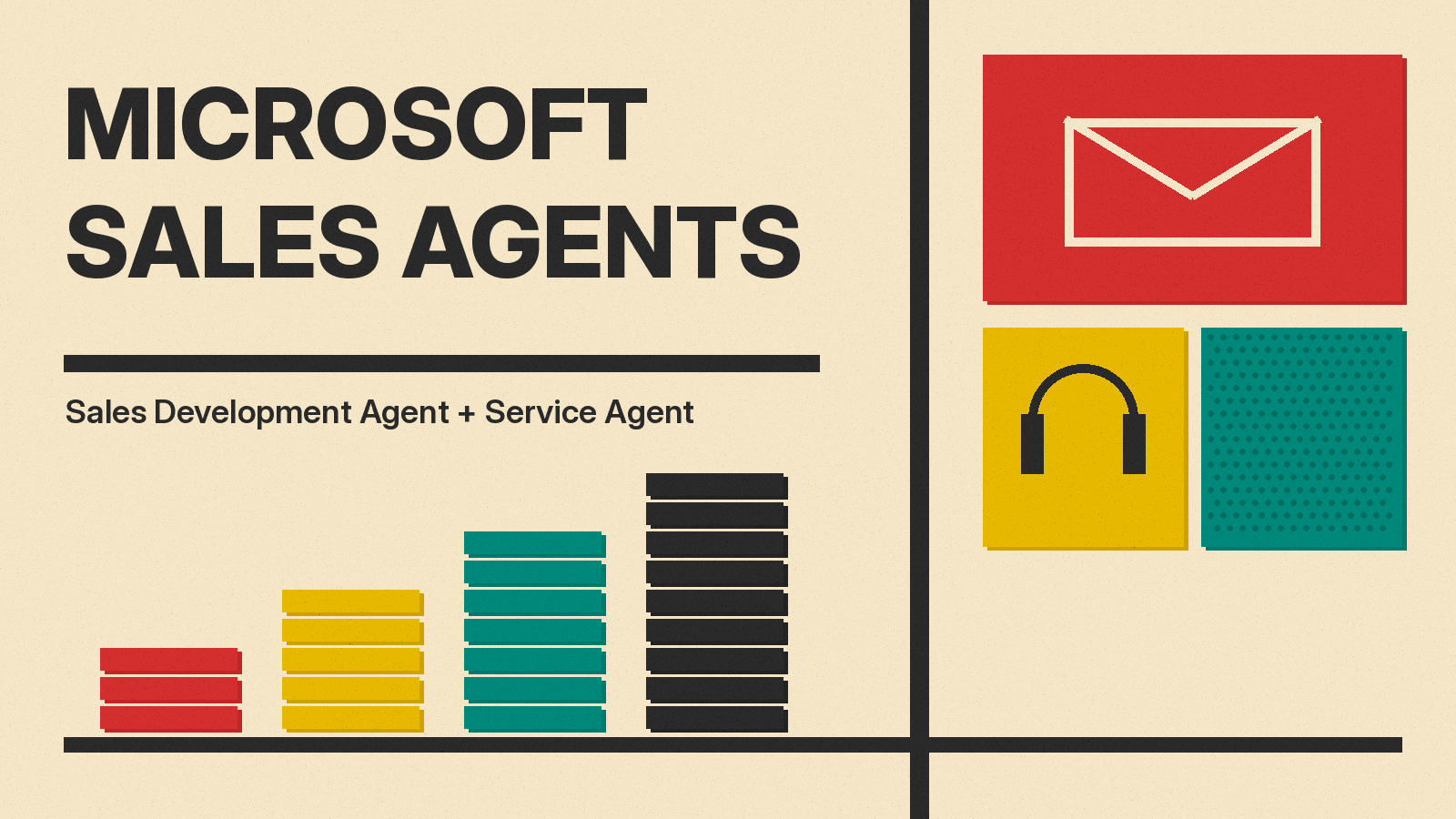Olivetti-style cover reading Microsoft Sales Agents with red, mustard and teal blocks and a line icon of an envelope and a headset