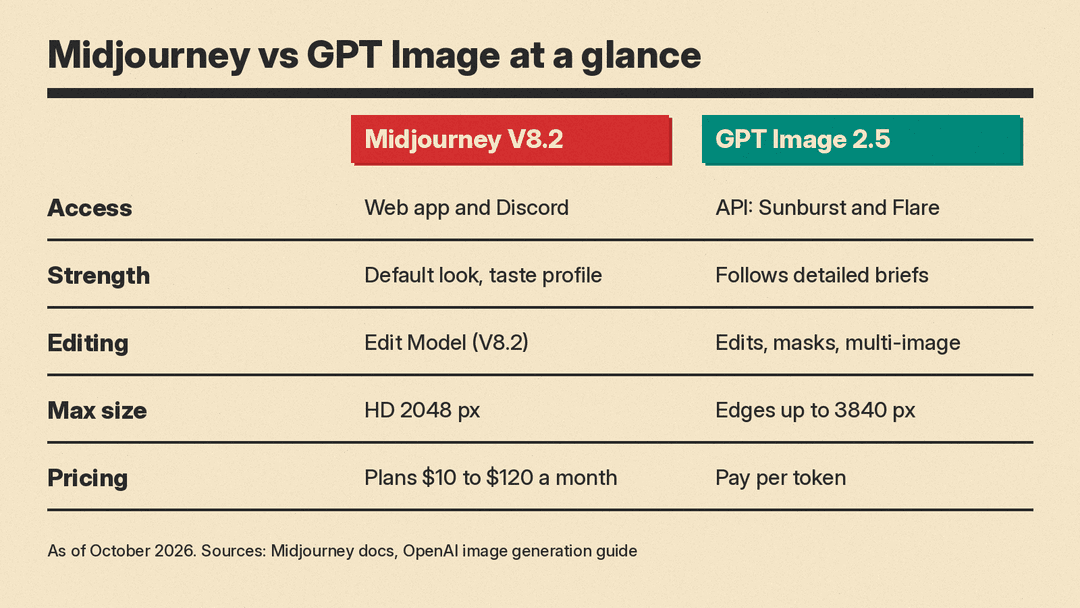 Side-by-side comparison of Midjourney and GPT Image by access, editing, output size and pricing
