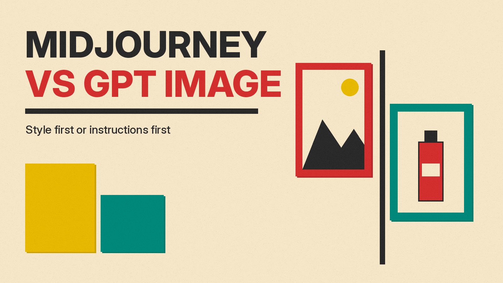 Olivetti-style cover reading MIDJOURNEY VS GPT IMAGE, with a red framed landscape facing a teal framed product photo across a charcoal divider