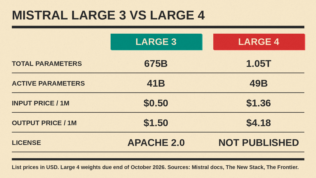 Comparison panel of Mistral Large 3 and Large 4: total parameters 675B vs 1.05T, active parameters 41B vs 49B, input price $0.50 vs $1.36 and output price $1.50 vs $4.18 per million tokens, license Apache 2.0 vs not published