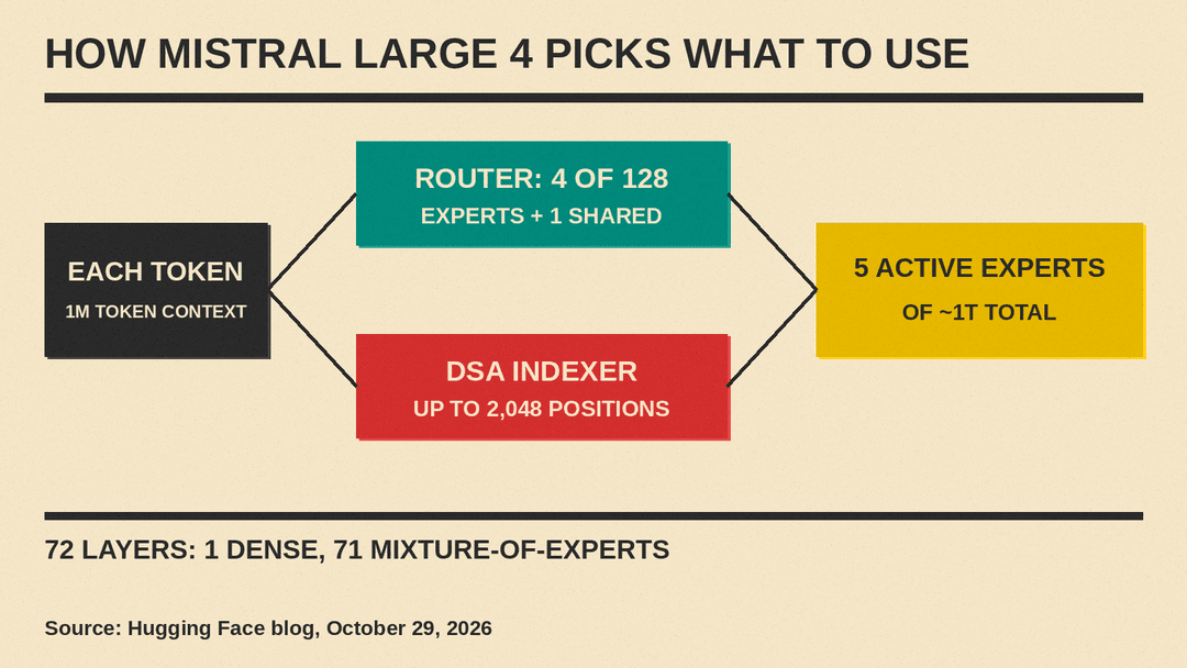 Diagram of Mistral Large 4: 1T total parameters, 128 experts, router picks 4 plus 1 shared expert per token, DSA picks up to 2,048 positions, 1M token context