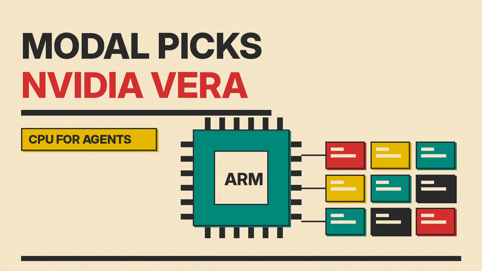 Olivetti-style cover with the title Modal Picks Nvidia Vera, showing a CPU chip block next to stacked sandbox containers on cream paper