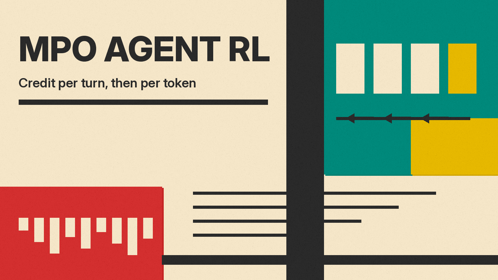 Olivetti-style poster reading MPO Agent RL, with turn blocks on a timeline and arrows carrying credit back across turns on cream paper