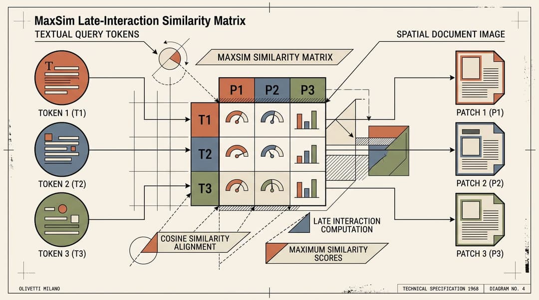 Late interaction MaxSim similarity matrix matching query tokens to image patches
