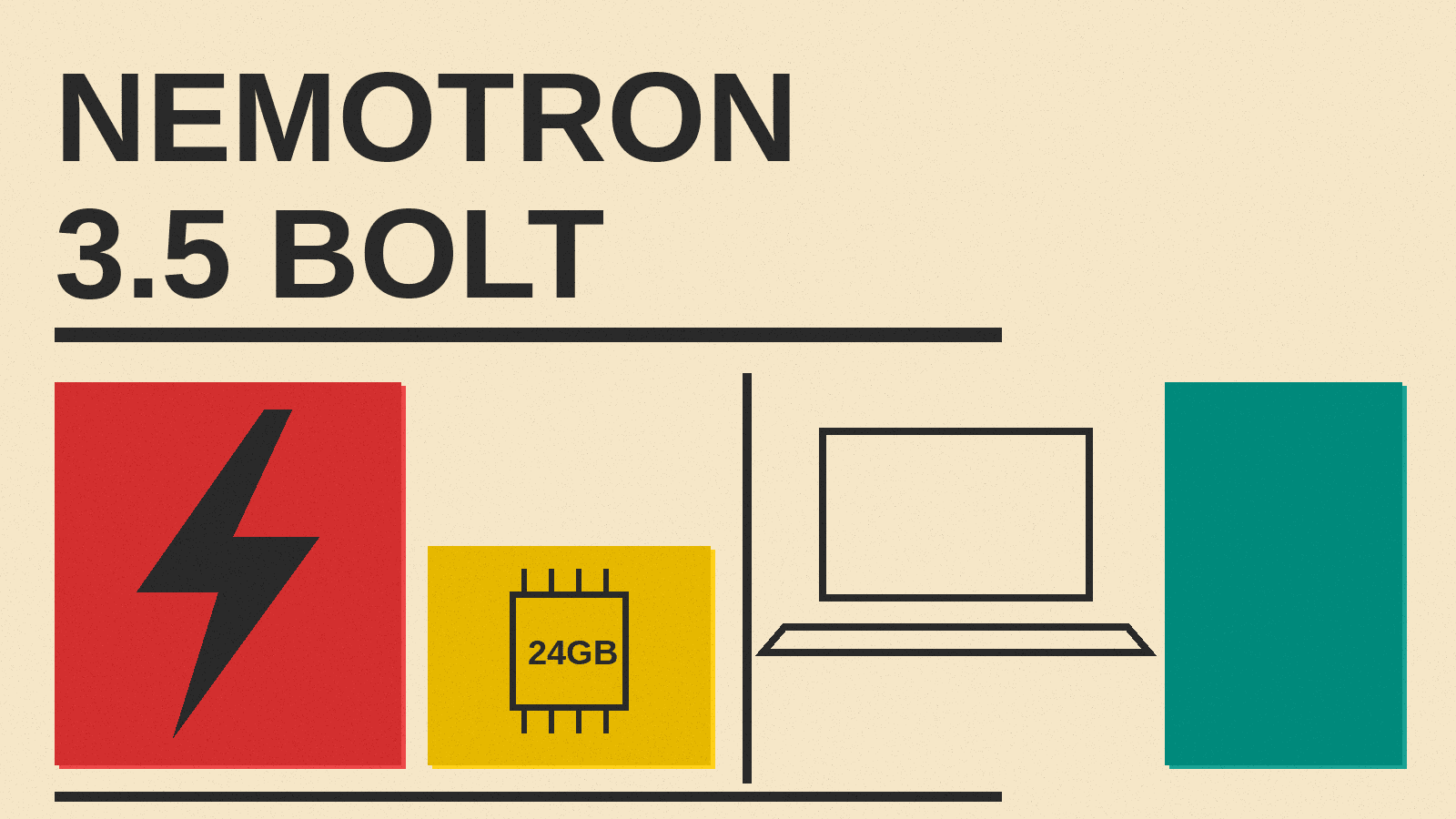 Olivetti-style cover reading NEMOTRON 3.5 BOLT with a lightning bolt on a red block, a 24GB memory chip on mustard, a laptop outline and a teal block
